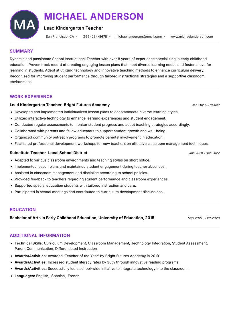 School Instructional Teacher Resume Preview Example