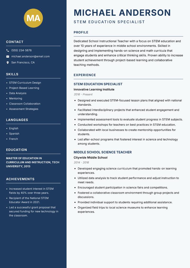 School Instructional Teacher Resume Preview Example