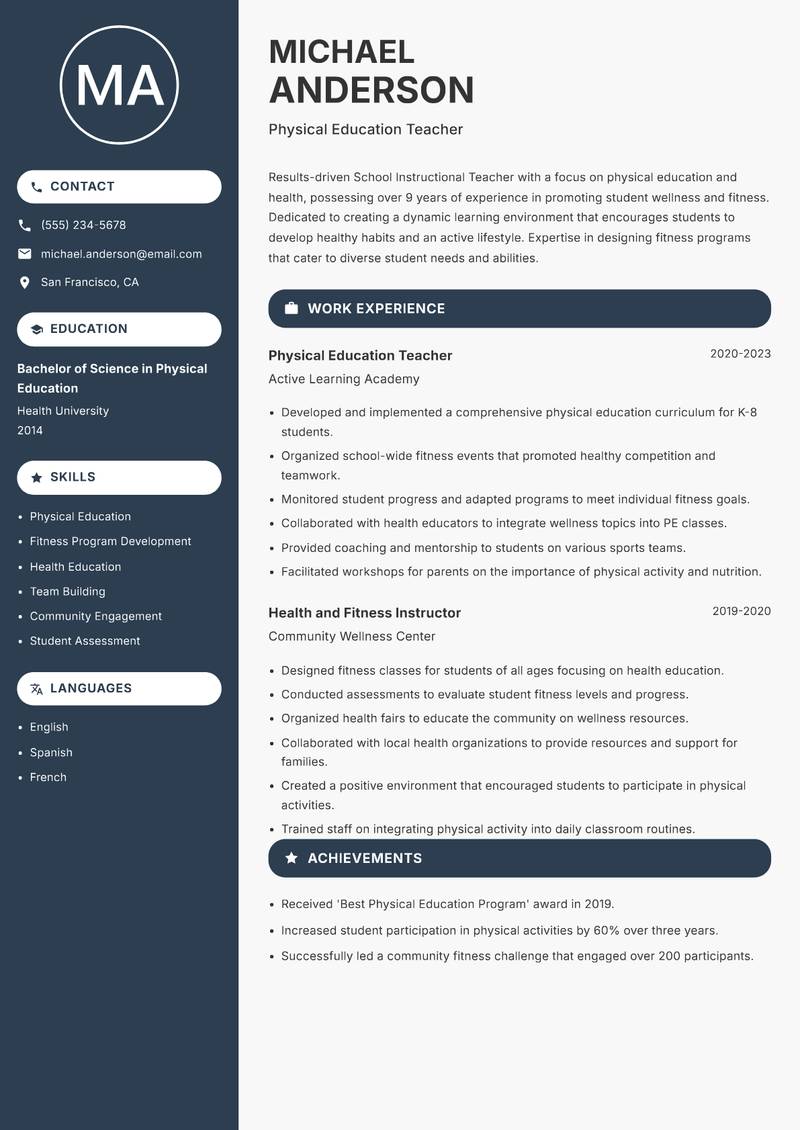 School Instructional Teacher Resume Preview Example