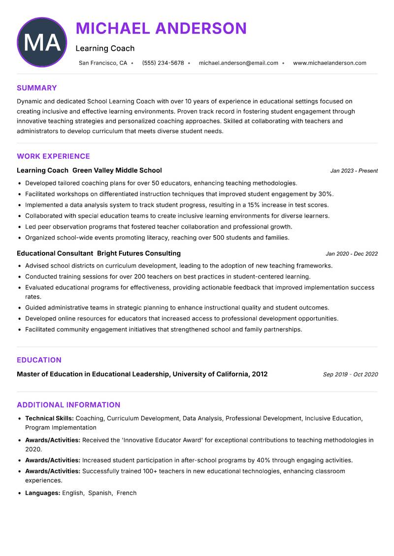 School Learning Coach Resume Preview Example