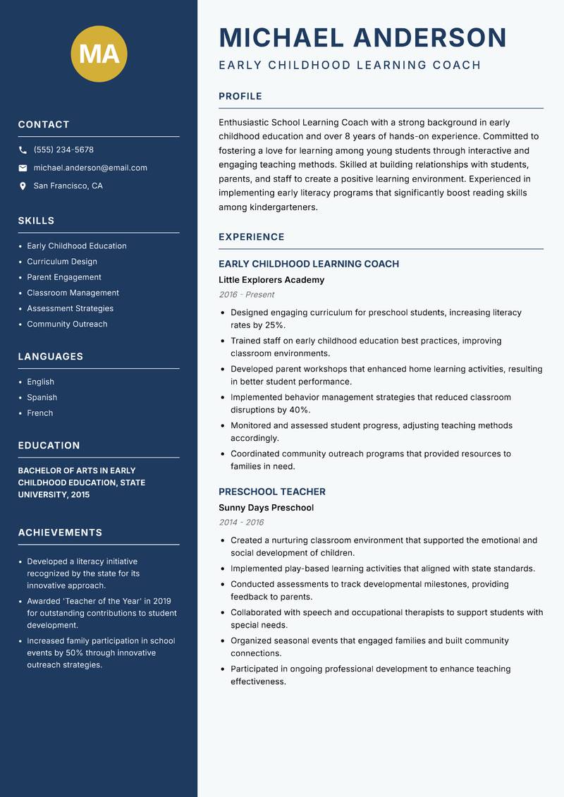 School Learning Coach Resume Preview Example