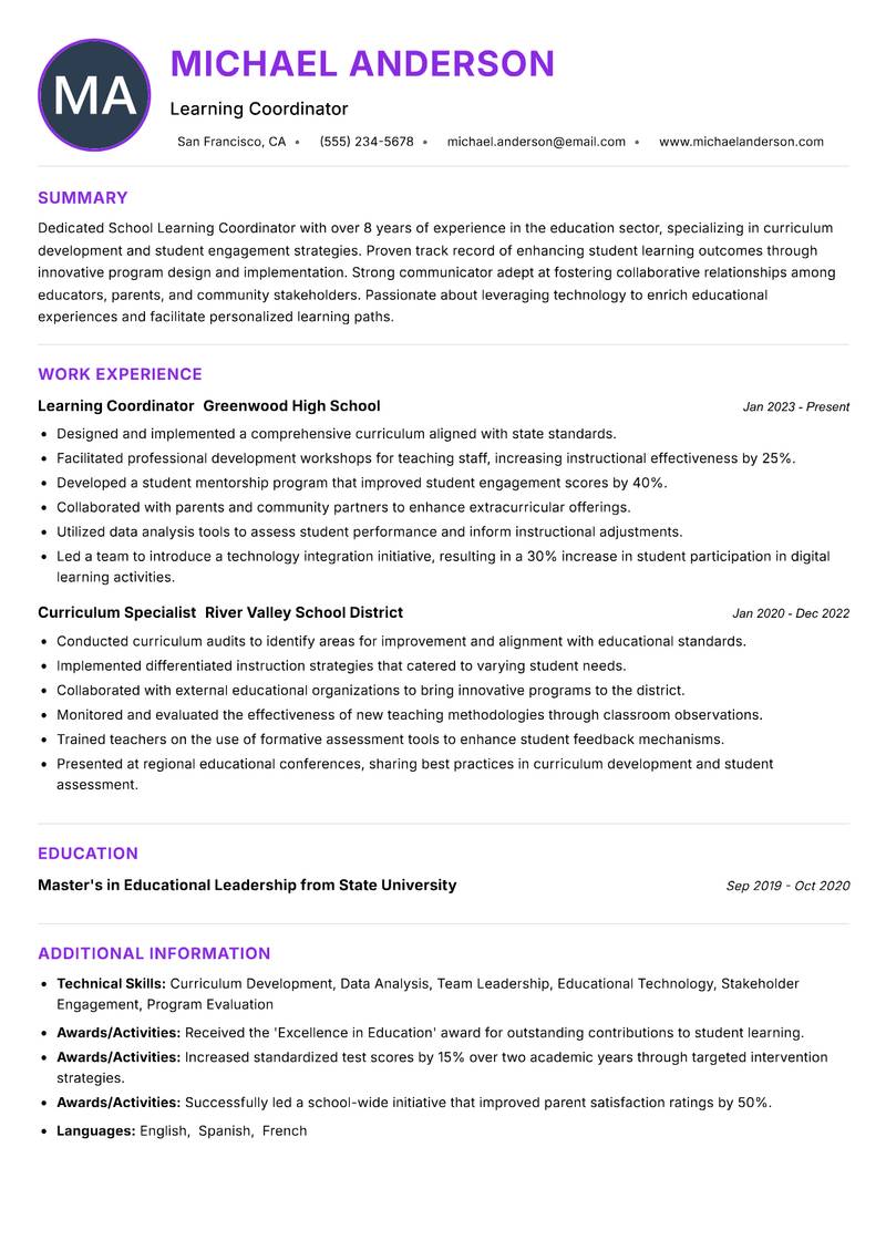 School Learning Coordinator Resume Preview Example
