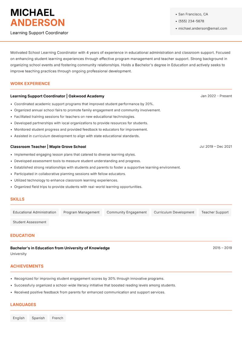 School Learning Coordinator Resume Template