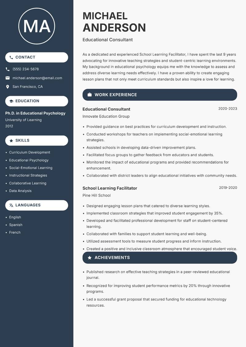 School Learning Facilitator Resume Preview Example