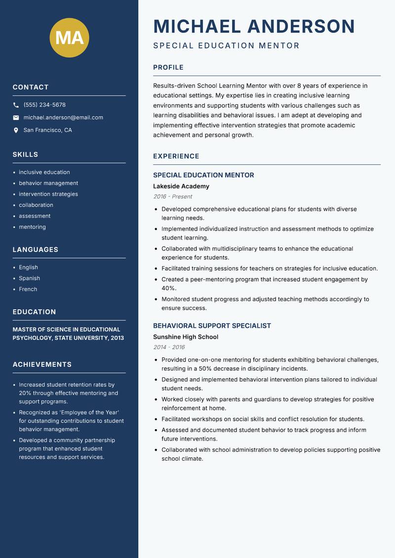 School Learning Mentor Resume Preview Example
