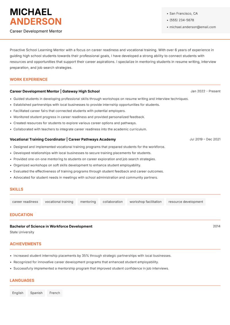 School Learning Mentor Resume Template