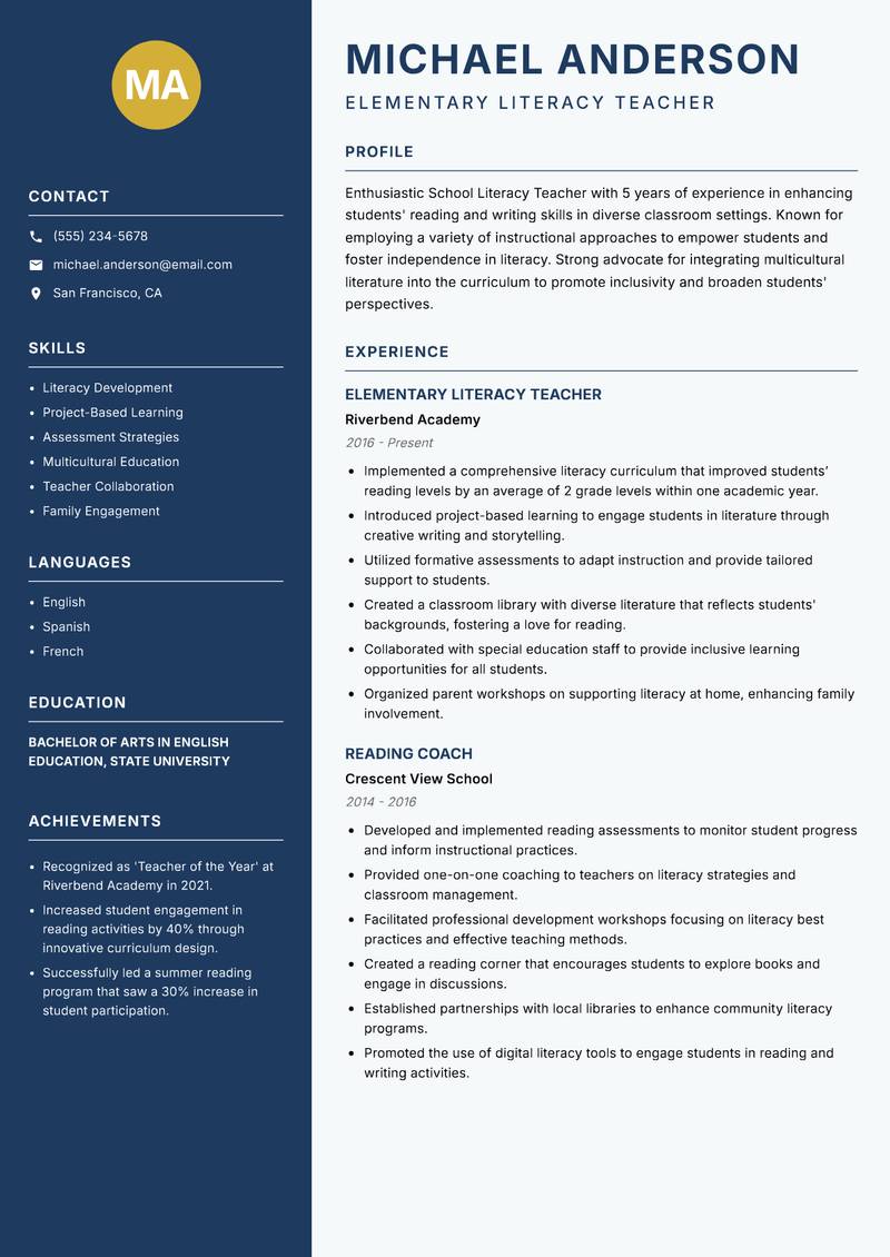 School Literacy Teacher Resume Preview Example