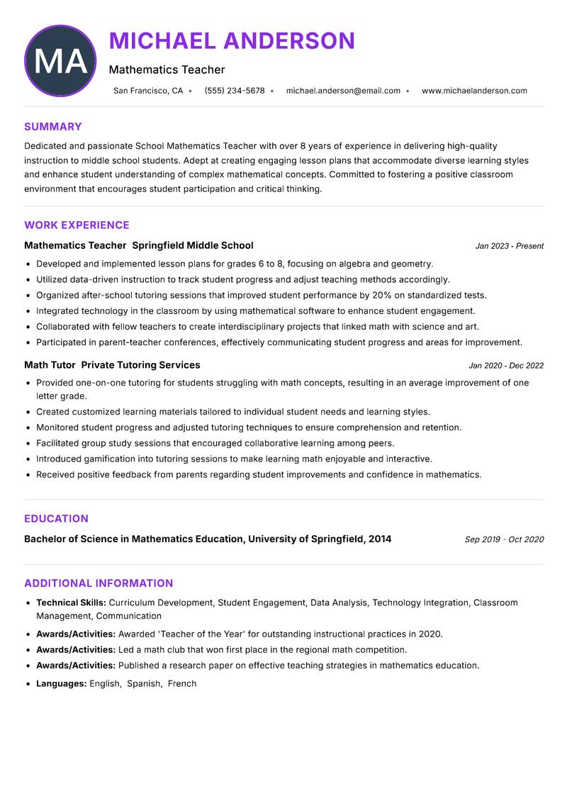 School Mathematics Teacher Resume Preview Example