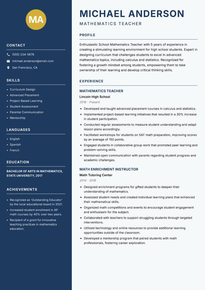 School Mathematics Teacher Resume Preview Example