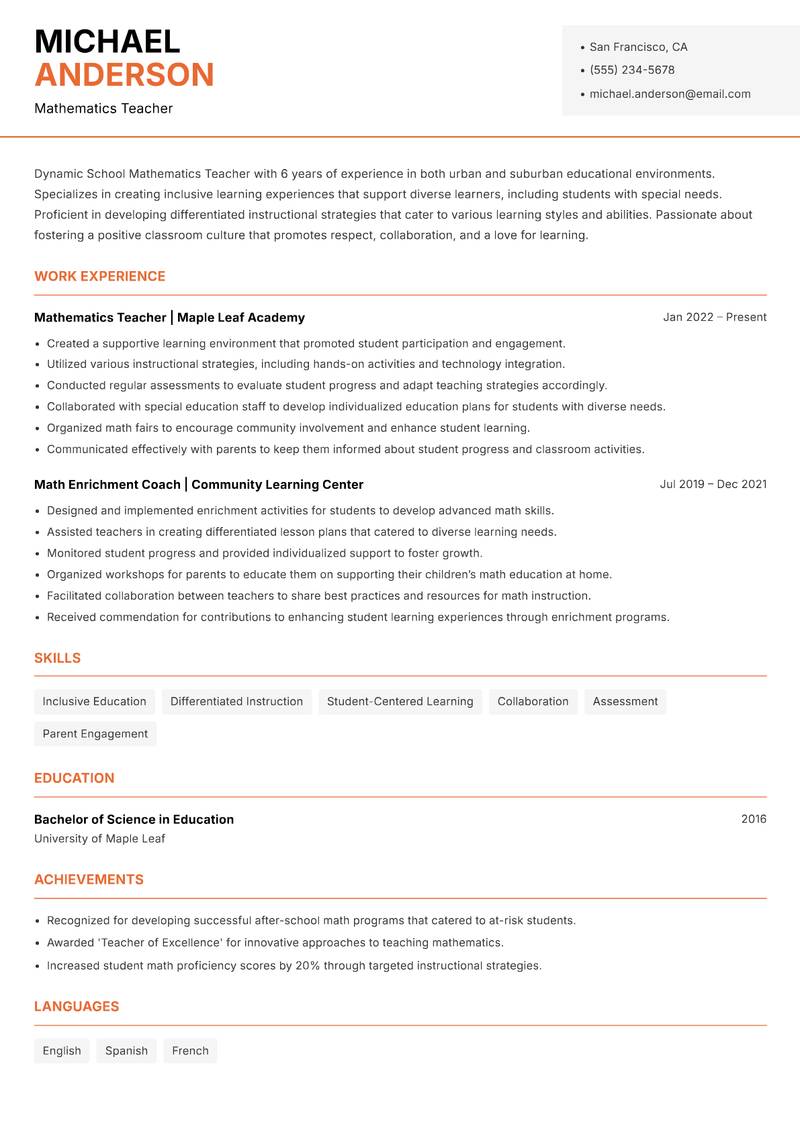 School Mathematics Teacher Resume Template