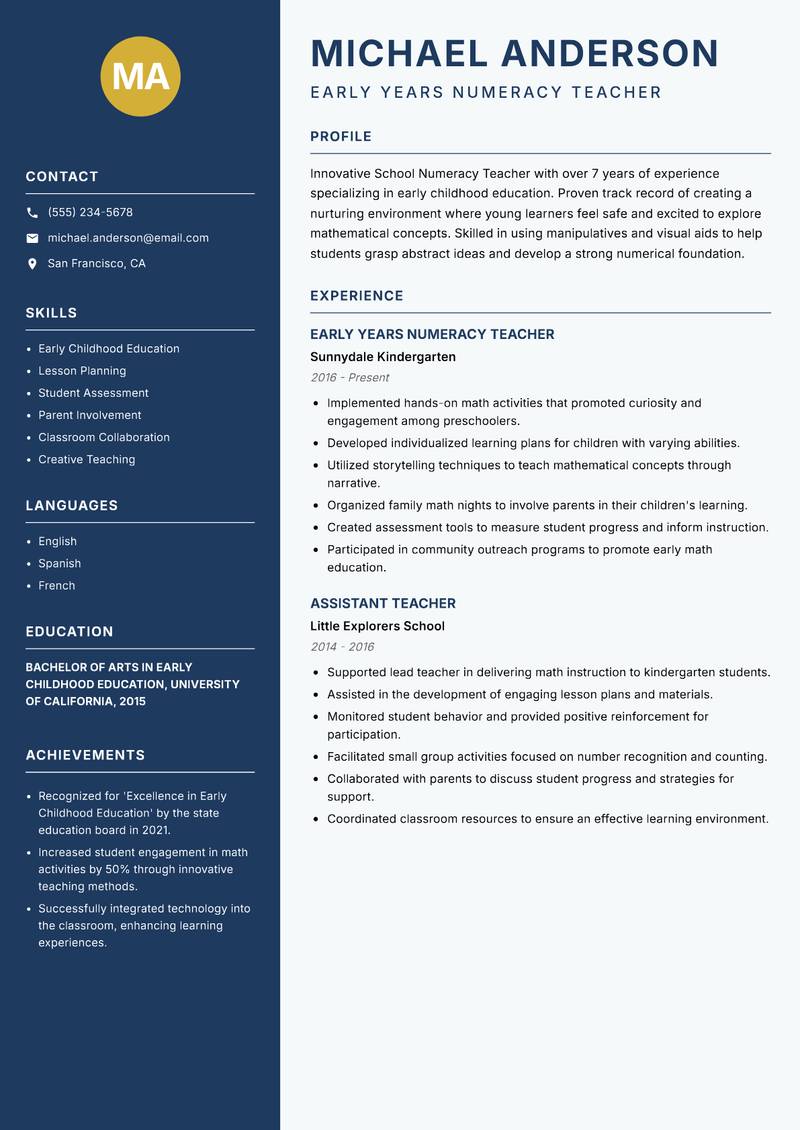 School Numeracy Teacher Resume Preview Example