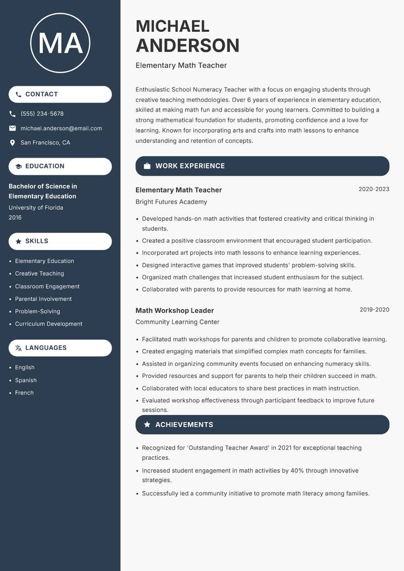 School Numeracy Teacher Resume Preview Example
