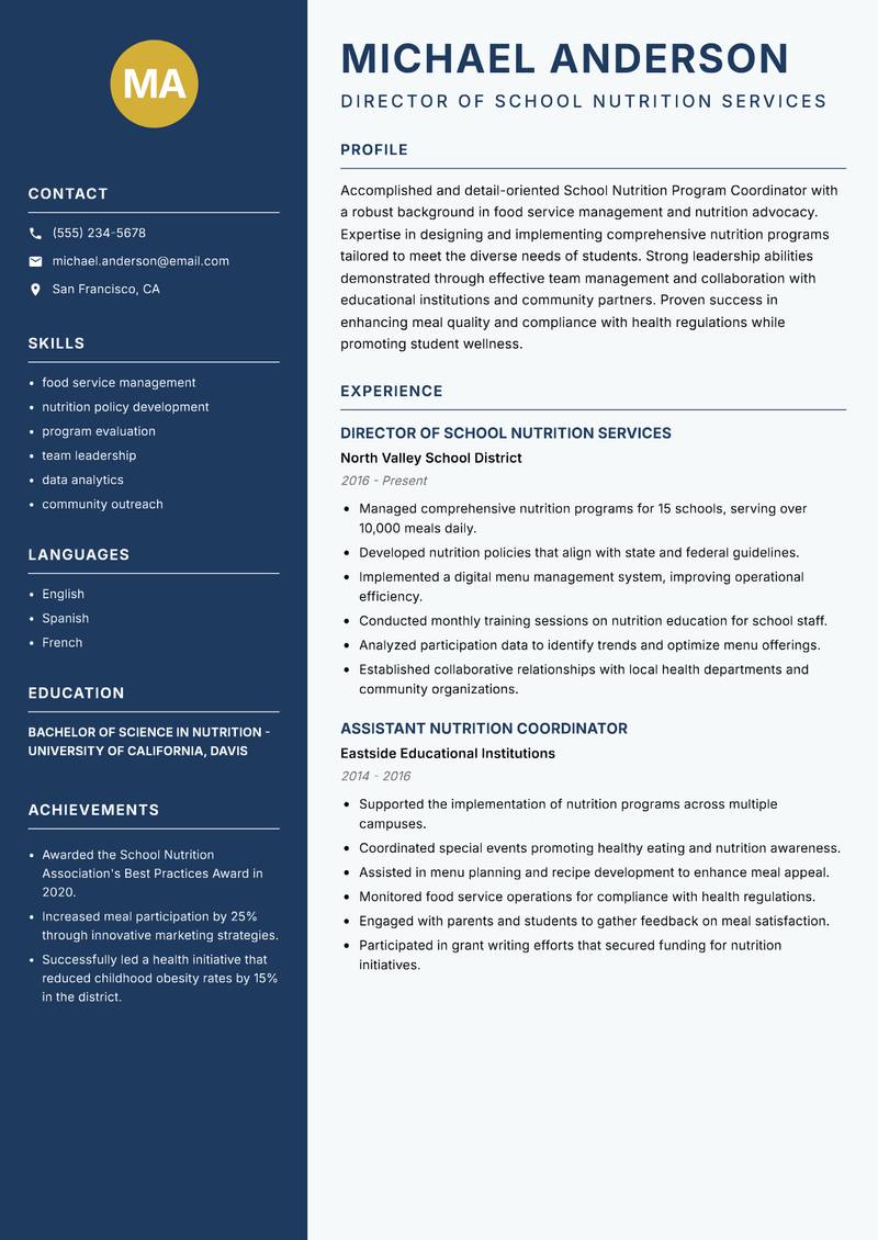 School Nutrition Program Coordinator Resume Preview Example
