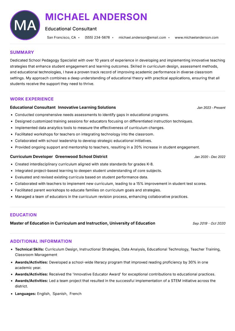 School Pedagogy Specialist Resume Preview Example