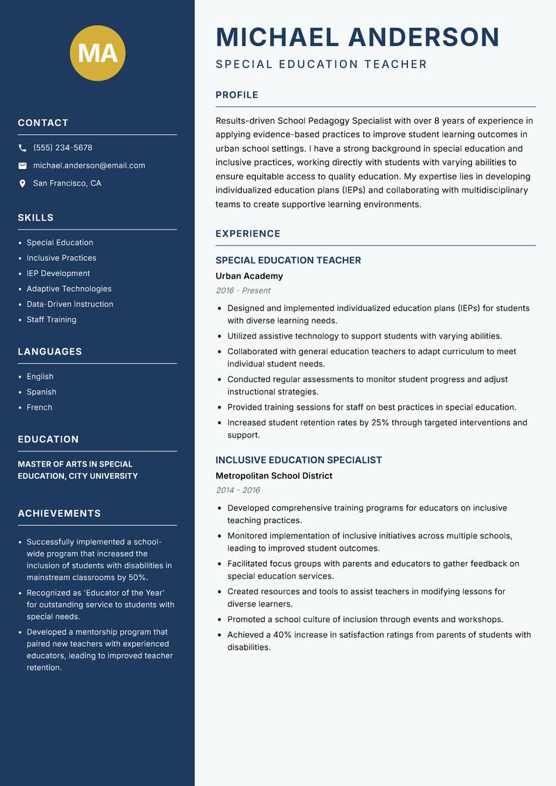 School Pedagogy Specialist Resume Preview Example