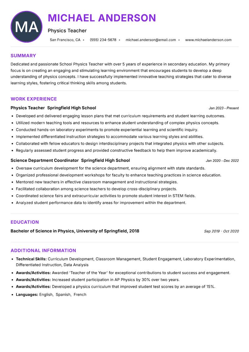 School Physics Teacher Resume Preview Example