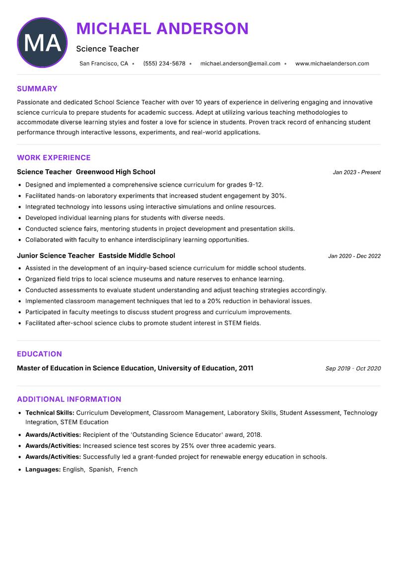 School Science Teacher Resume Preview Example