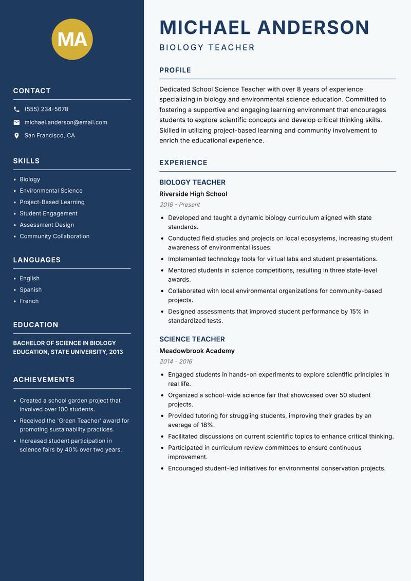 School Science Teacher Resume Preview Example