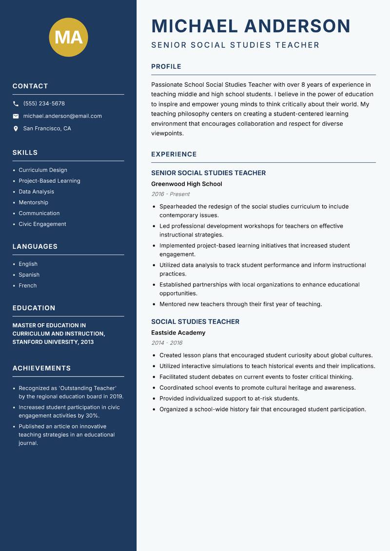 School Social Studies Teacher Resume Preview Example