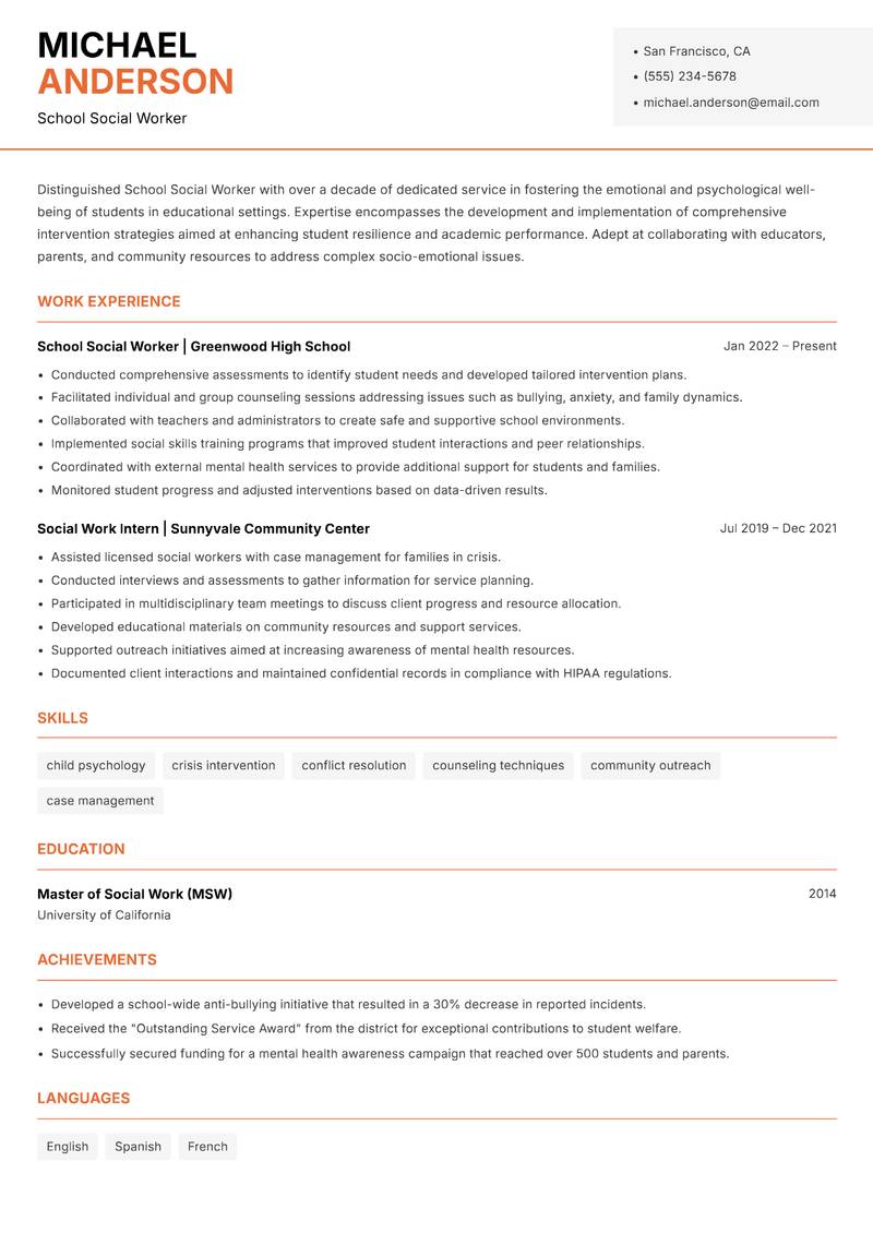 School Social Worker Resume Template