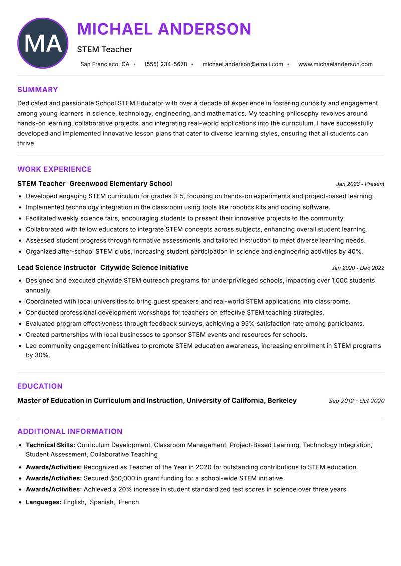 School STEM Educator Resume Preview Example