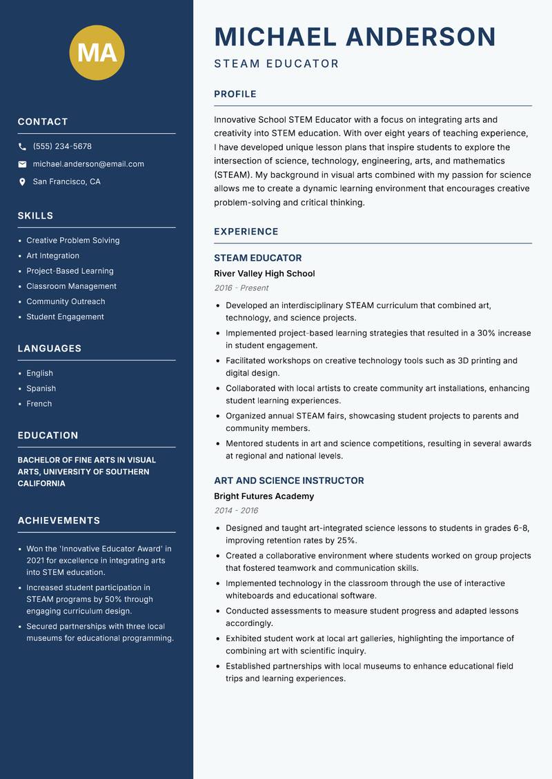 School STEM Educator Resume Preview Example