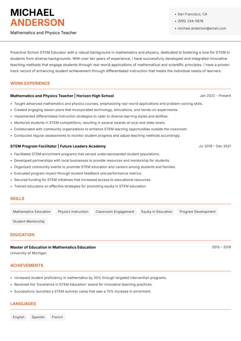 School STEM Educator Resume Template