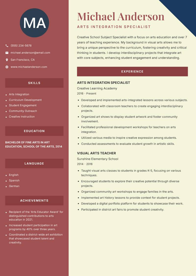 School Subject Specialist Resume Preview Example