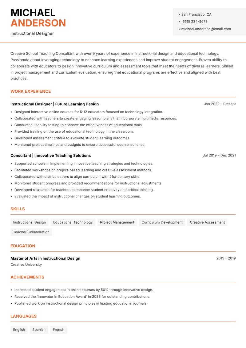School Teaching Consultant Resume Template