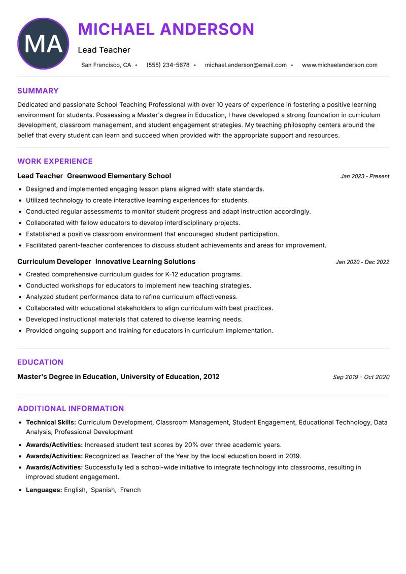 School Teaching Professional Resume Preview Example