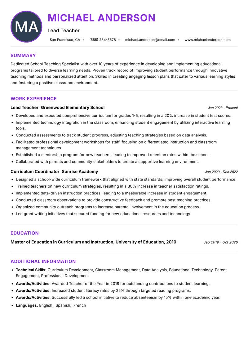 School Teaching Specialist Resume Preview Example