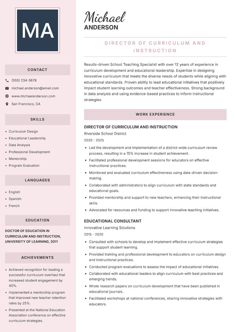 School Teaching Specialist Resume Preview Example