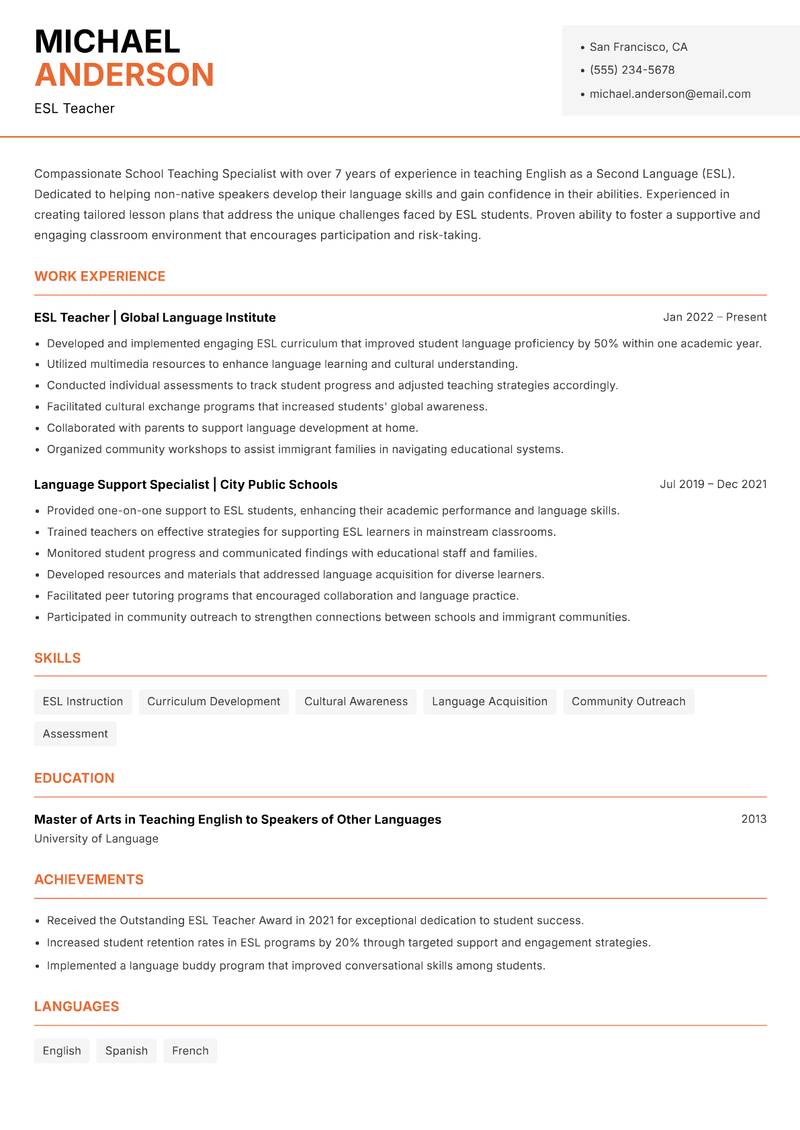 School Teaching Specialist Resume Template