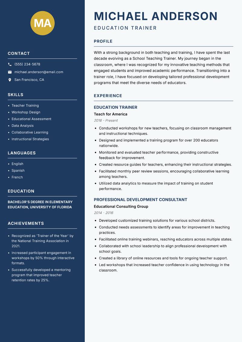 School Teaching Trainer Resume Preview Example