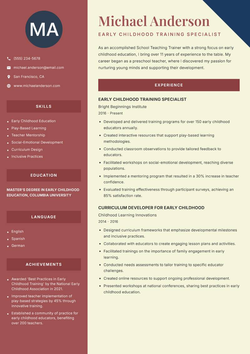 School Teaching Trainer Resume Preview Example