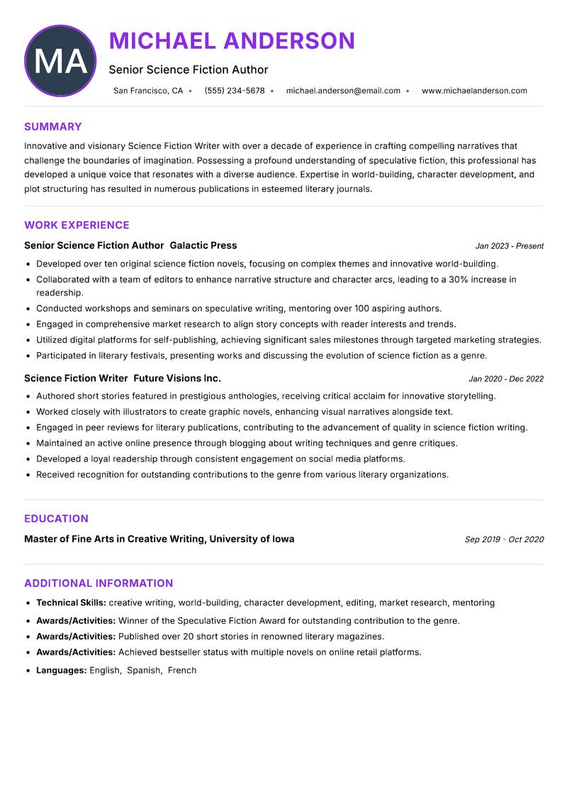 Science Fiction Writer Resume Preview Example