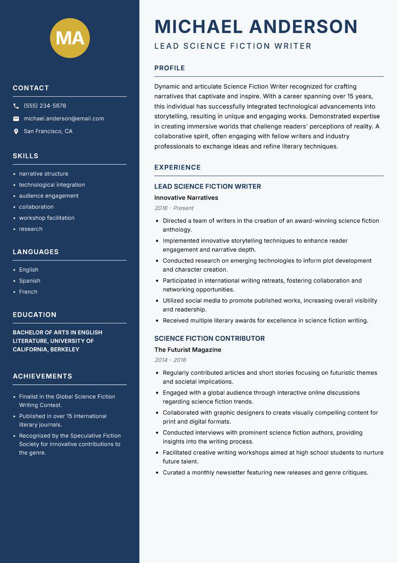 Science Fiction Writer Resume Preview Example