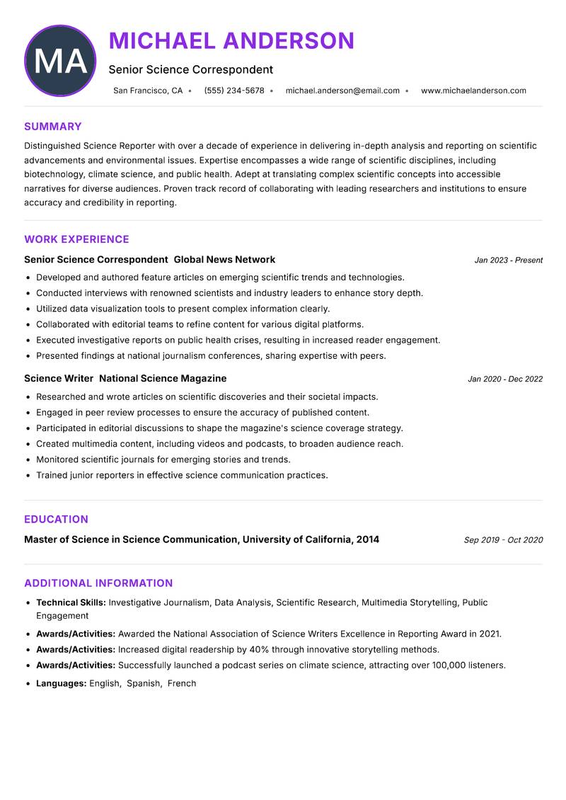 Science Reporter Resume Preview Example