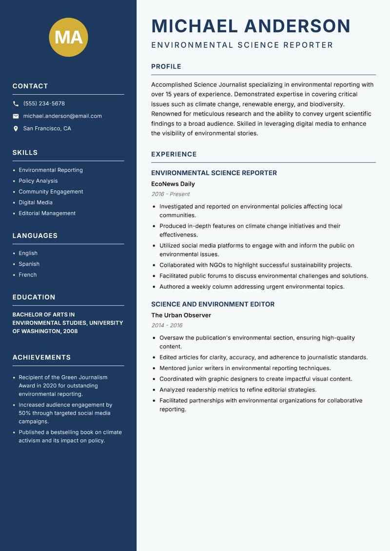 Science Reporter Resume Preview Example