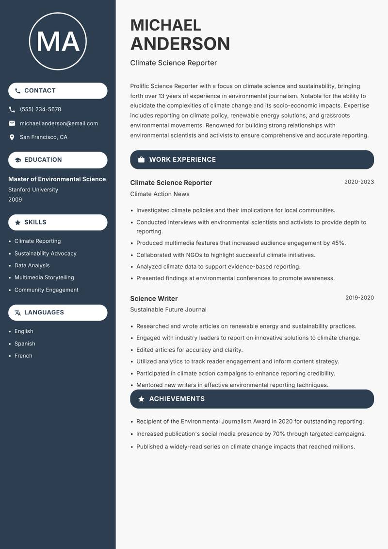 Science Reporter Resume Preview Example