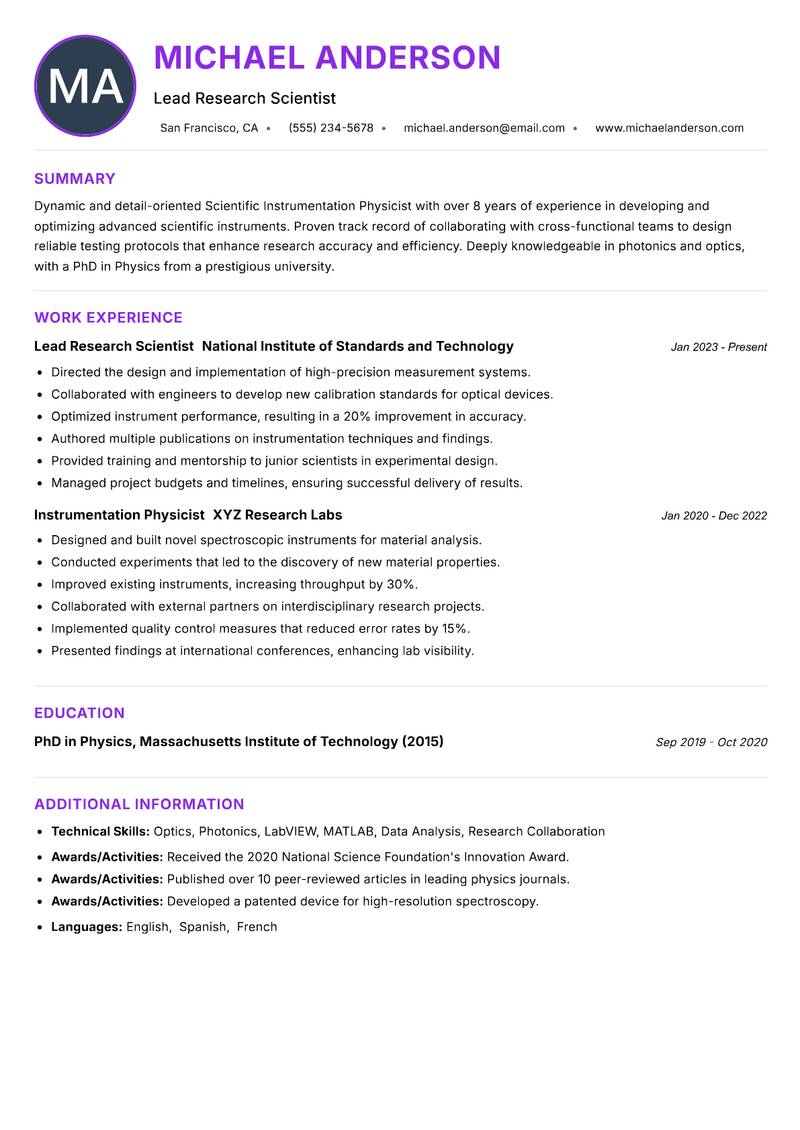 Scientific Instrumentation Physicist Resume Preview Example
