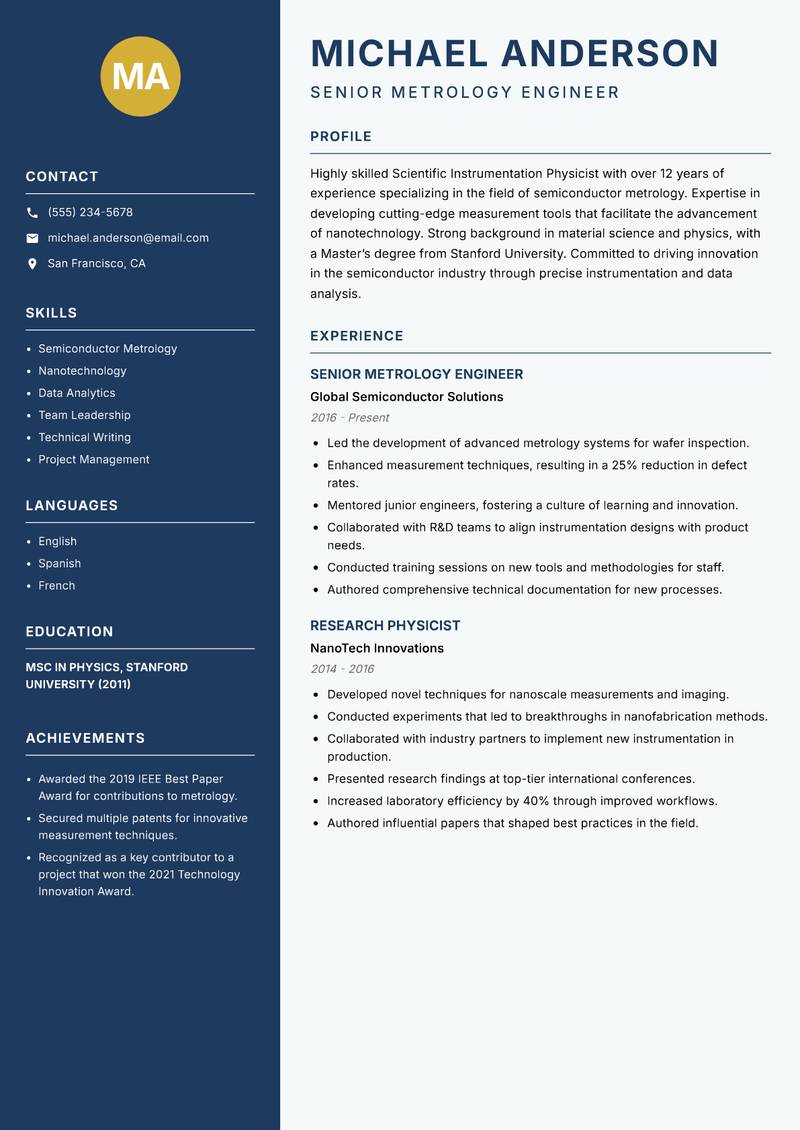 Scientific Instrumentation Physicist Resume Preview Example