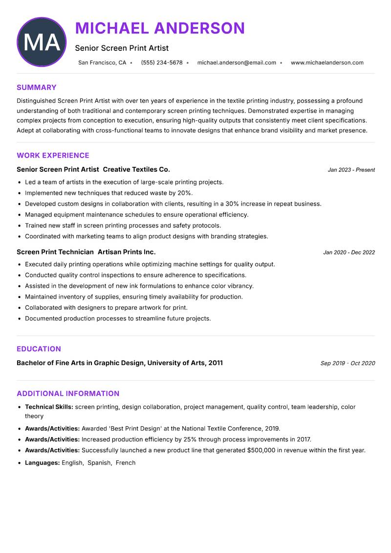 Screen Print Artist Resume Preview Example