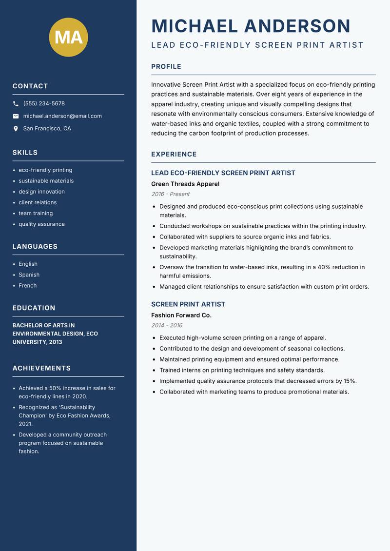 Screen Print Artist Resume Preview Example