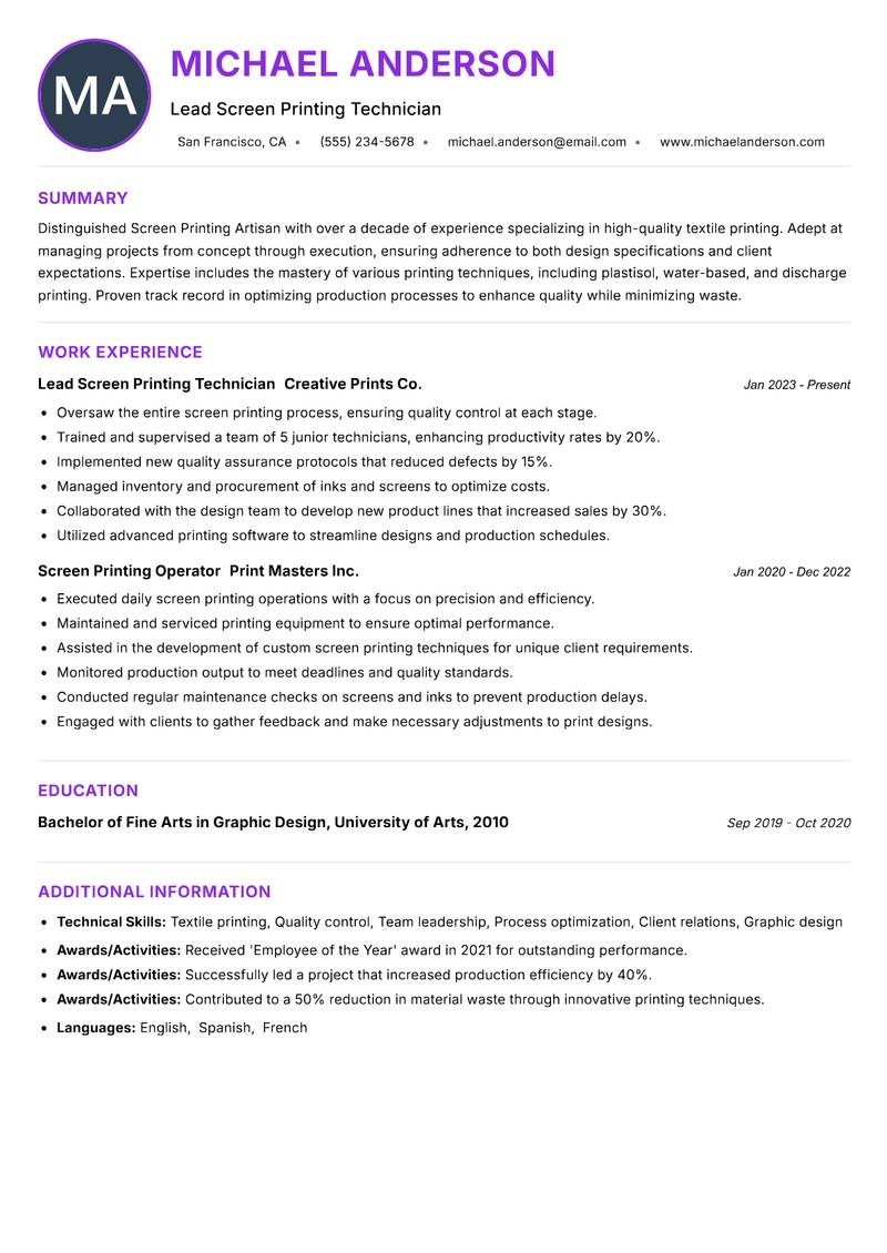 Screen Printing Artisan Resume Preview Example
