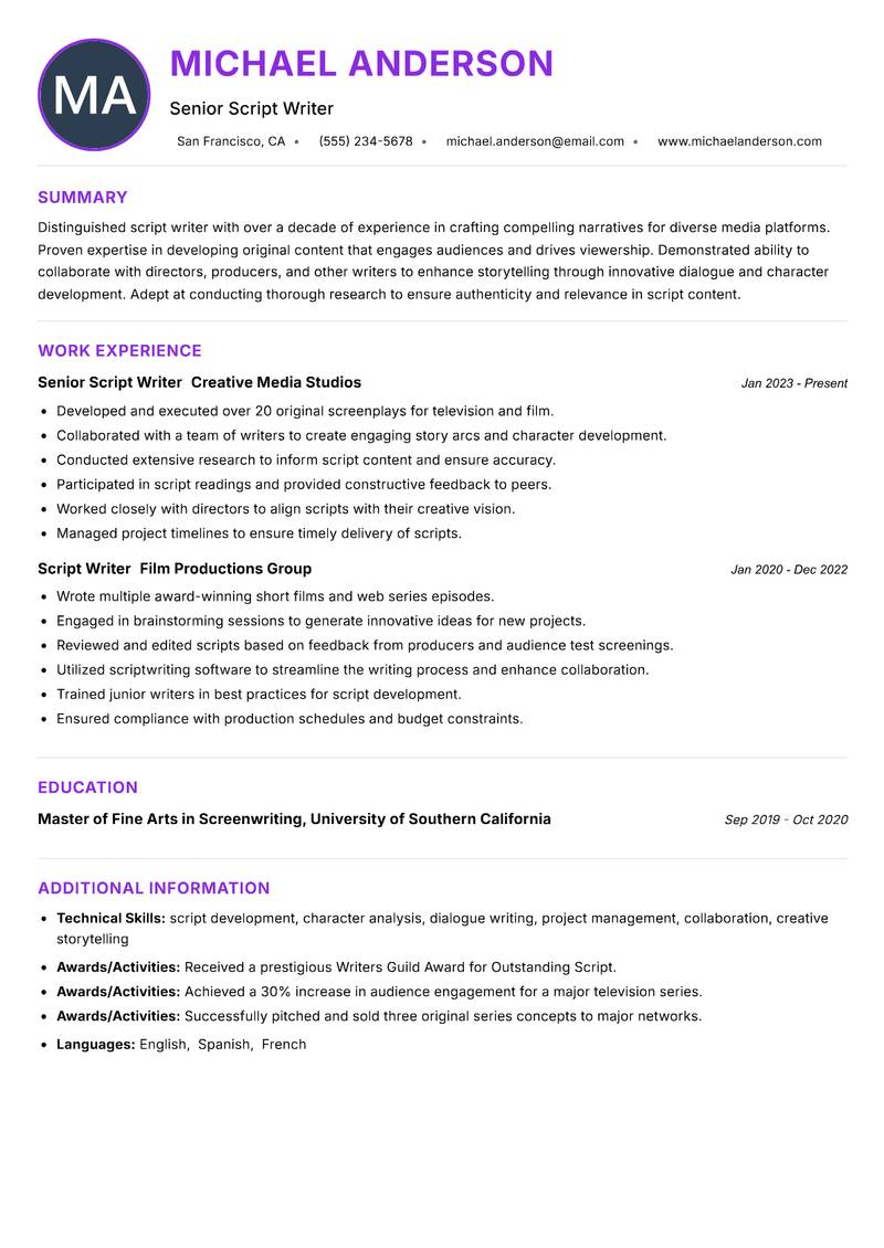 Script Writer Resume Preview Example