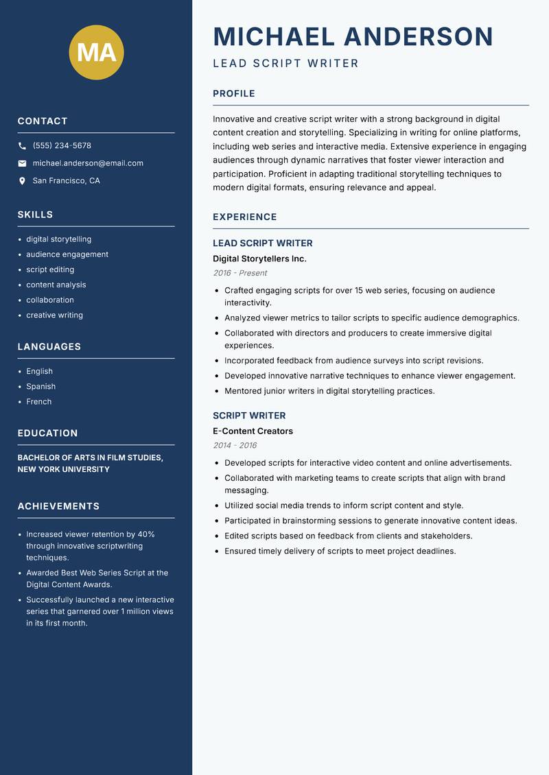 Script Writer Resume Preview Example