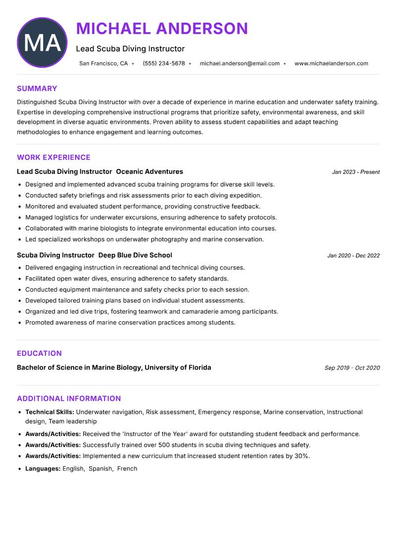 Scuba Diving Instructor Resume Preview Example