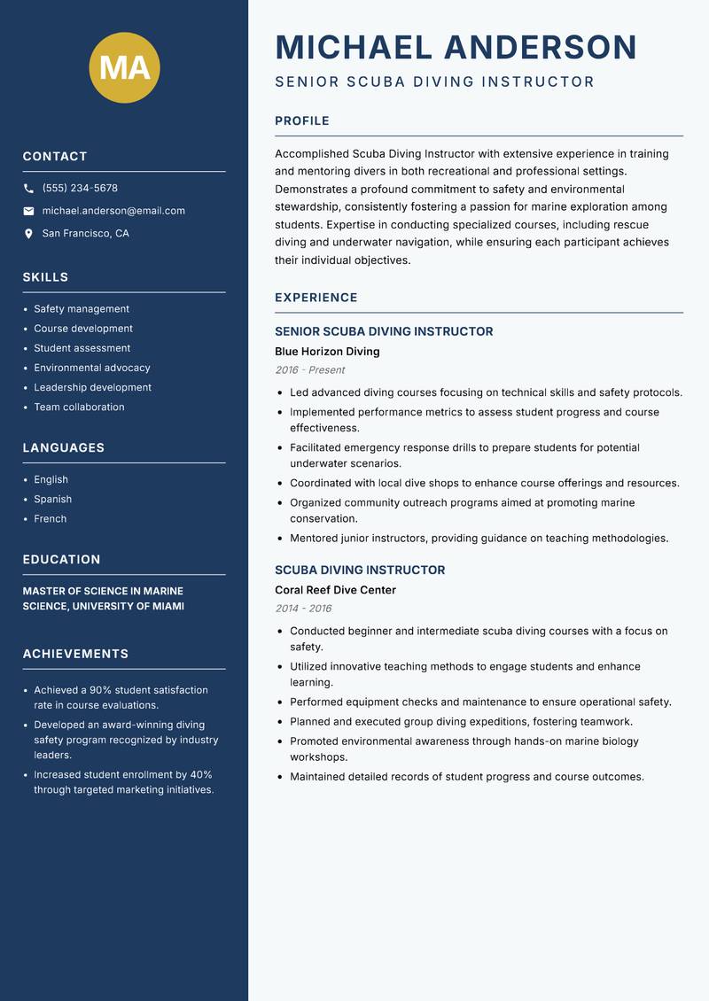 Scuba Diving Instructor Resume Preview Example
