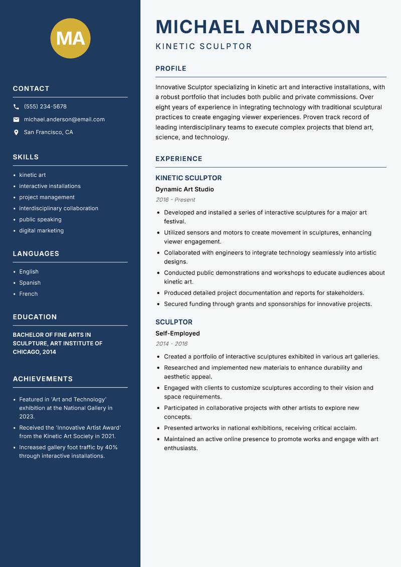 Sculptor Resume Preview Example